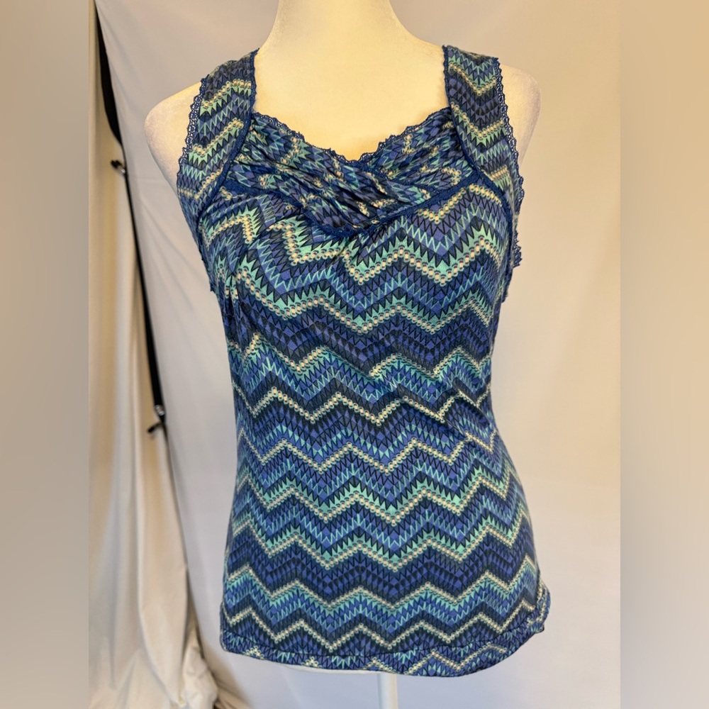 American Rag size medium tank, blues, and black stripe, crisscross back